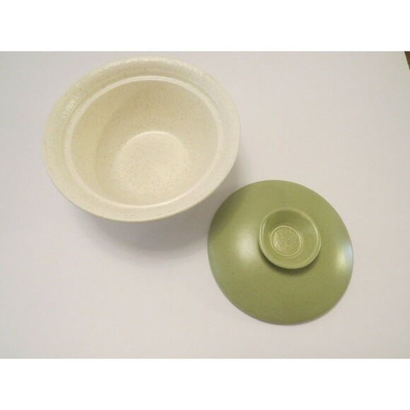 Calif Pottery 715 Mid Century Modern Bowl 1 qt Ivory Speckled Lid Lime Green USA - Picture 6 of 12
